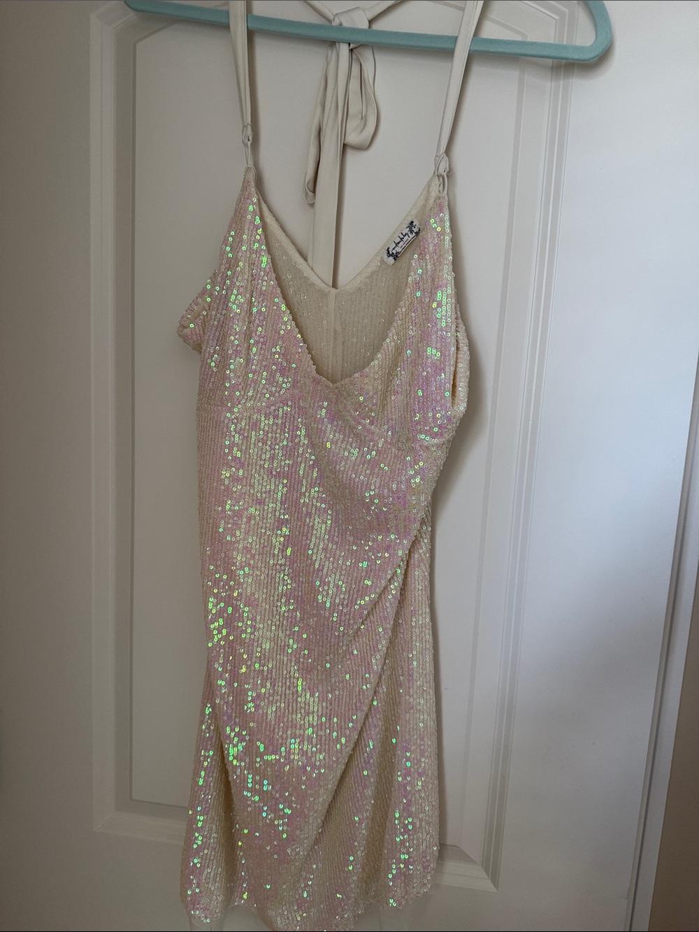 Free People Iridescent Sequin Mini Dress in Cream. Halter